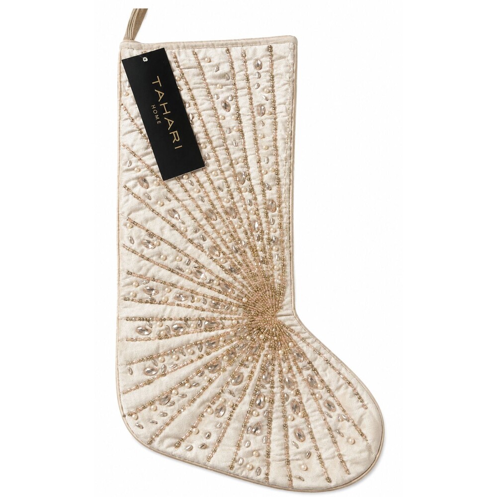 Tahari Home Luxury Christmas Stocking 22" Velvet  Pink Beaded Front Satin Lined